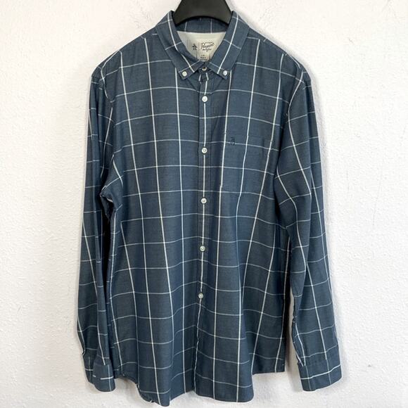 Penguin by Munsingwear Men Blue/White Plaid Pattern Polo Long Sleeve Size L - Picture 2 of 10